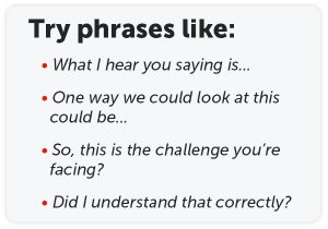 Try phrases like: "What I hear you saying is...", "One way we could look at this could be...", "So this is the challenge you're facing?", "Did I understand that correctly?"