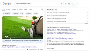 SERP for "how to mow your lawn" showing a video as the first result.