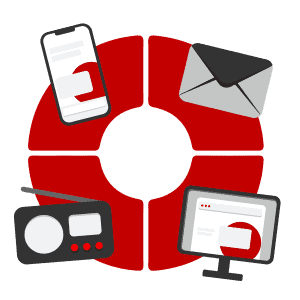An icon of a circle with four quadrants, each with a different type of media: mail, a desktop computer, a radio, and a smartphone.